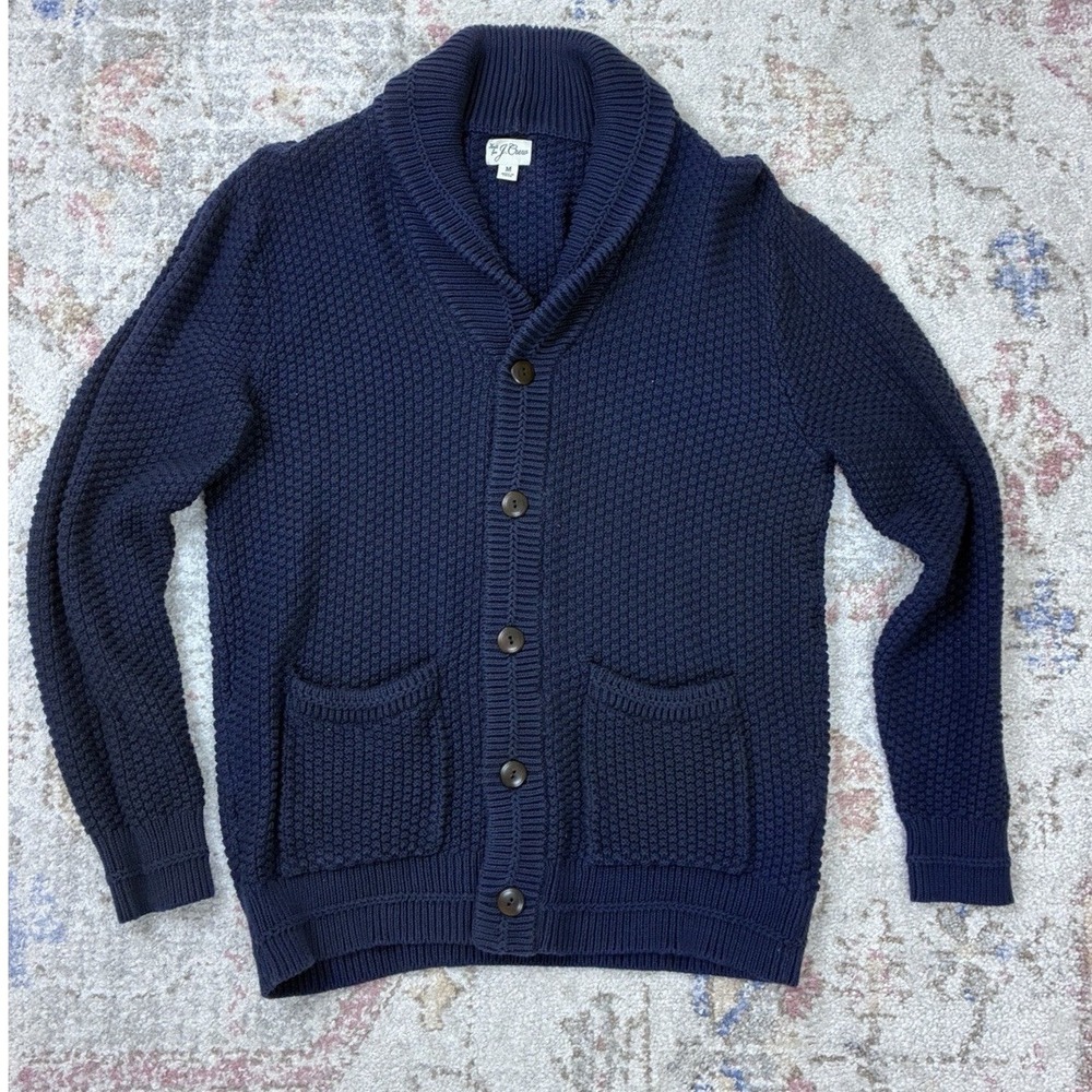 J.Crew Men M Shawl Collar Cardigan Sweater Navy Blue Cotton Textured Knit Pocket